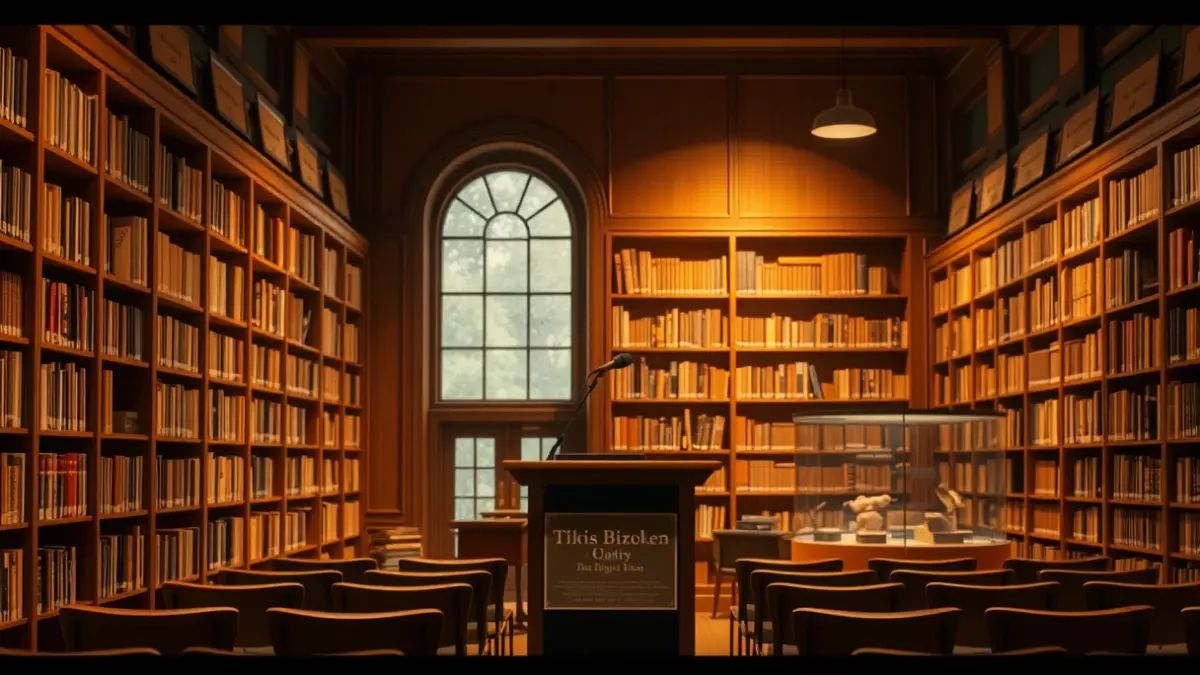 Imagen de un espacio museístico con objetos históricos en exposición, iluminación cálida y estanterías de madera.