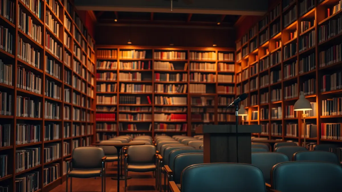 Generic image of a library interior with wooden bookshelves and a podium with a microphone, with warm lighting.