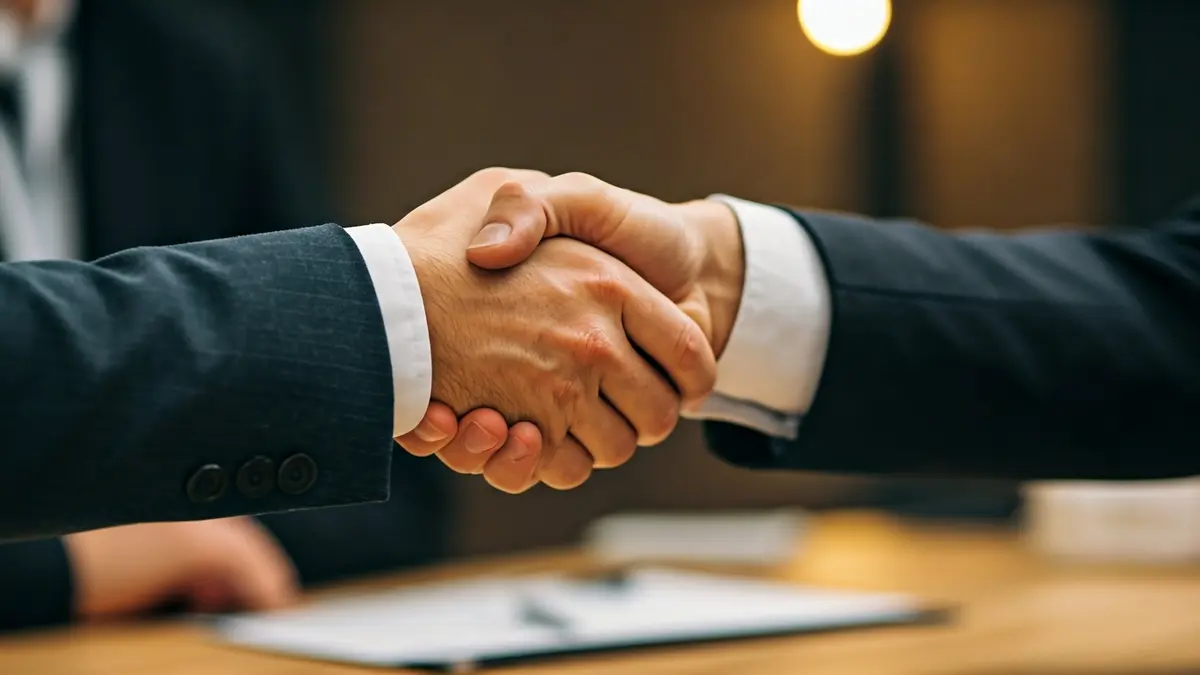 Imatge genèrica de dues mans encaixant en un entorn d'oficina, simbolitzant un acord comercial.