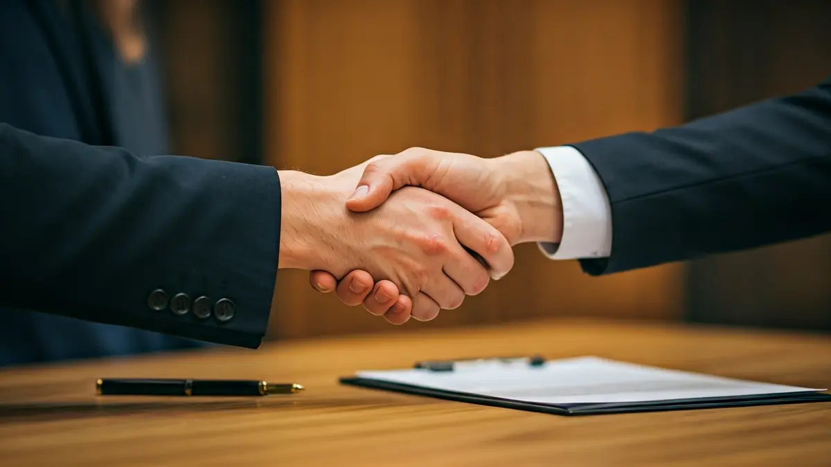 Imatge genèrica d'un acord empresarial amb dues mans encaixant sobre un escriptori.