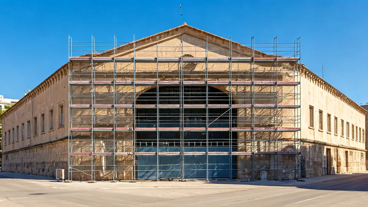 Imagen de la fachada de un polideportivo en renovación, con andamios y luz solar.