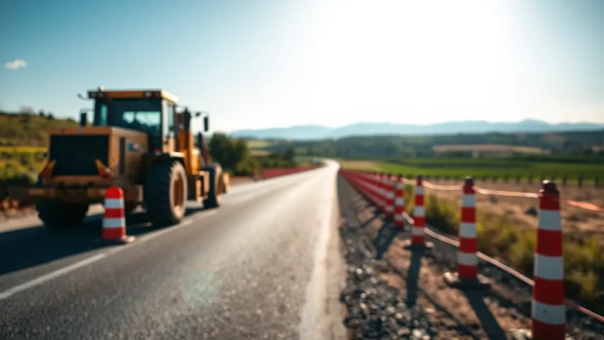 Generic image of road construction with heavy machinery and safety barriers.