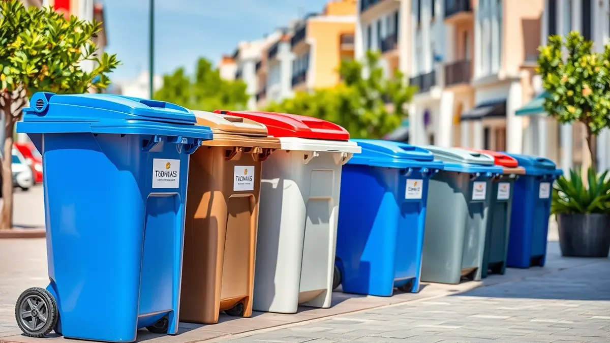 Imatge genèrica de nous contenidors de residus en un entorn urbà mediterrani.