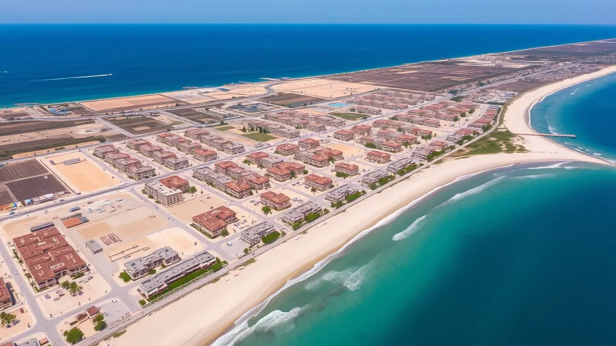 Aerial view of a coastal urban development project under construction, with plots and infrastructure, alongside a beach and the sea, under a clear blue sky.