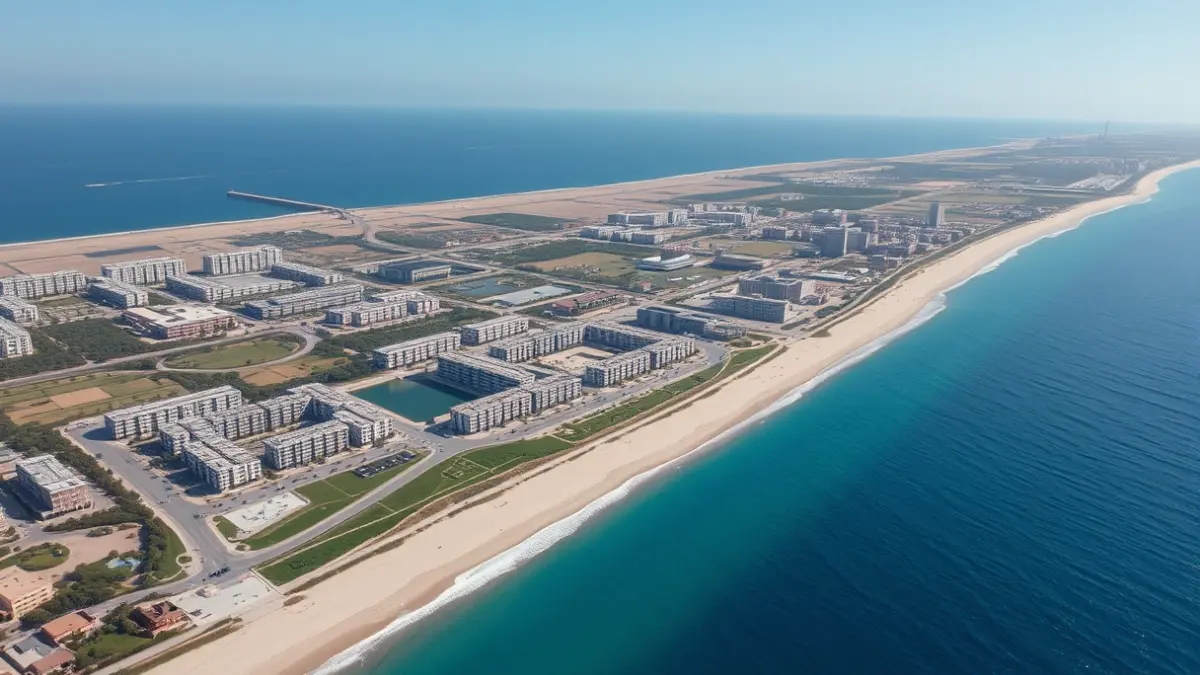 Aerial image of a coastal urban development project under construction, with residential buildings and green areas, next to a beach and the Mediterranean Sea.