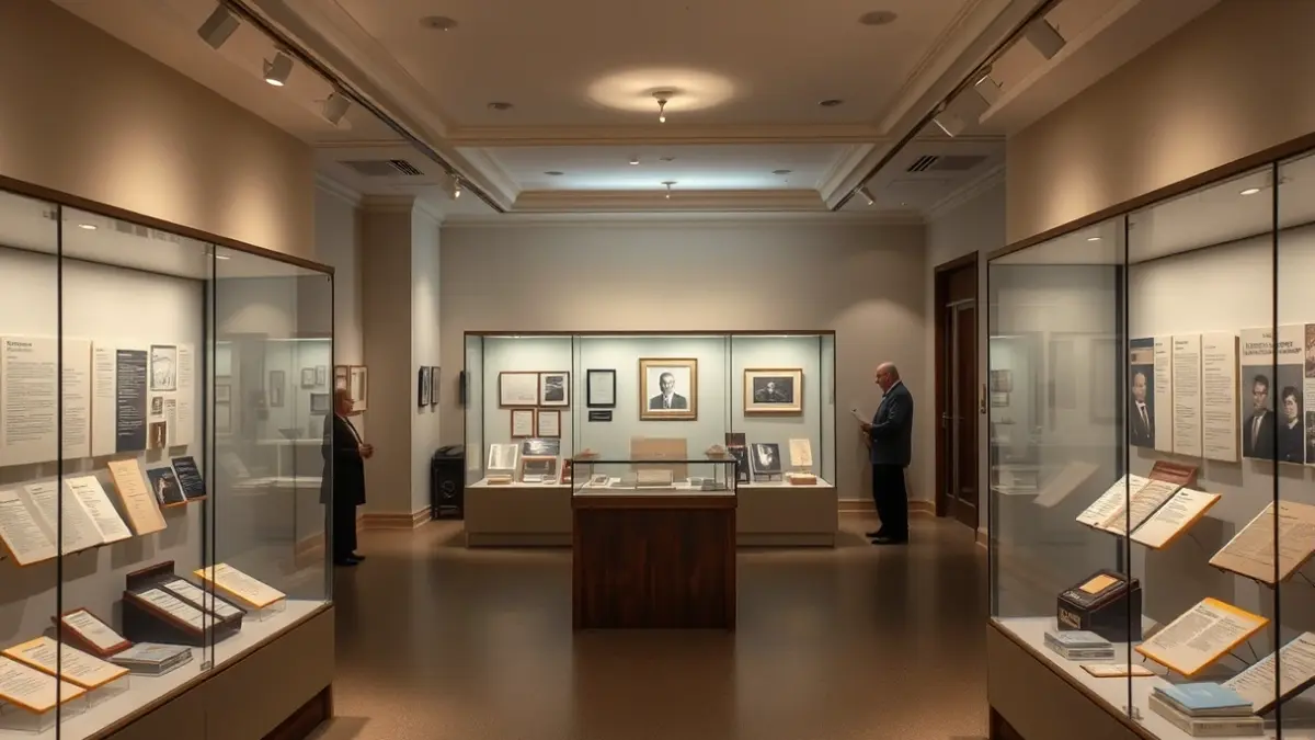 Image of a museum with historical objects and documents in display cases, with soft lighting.