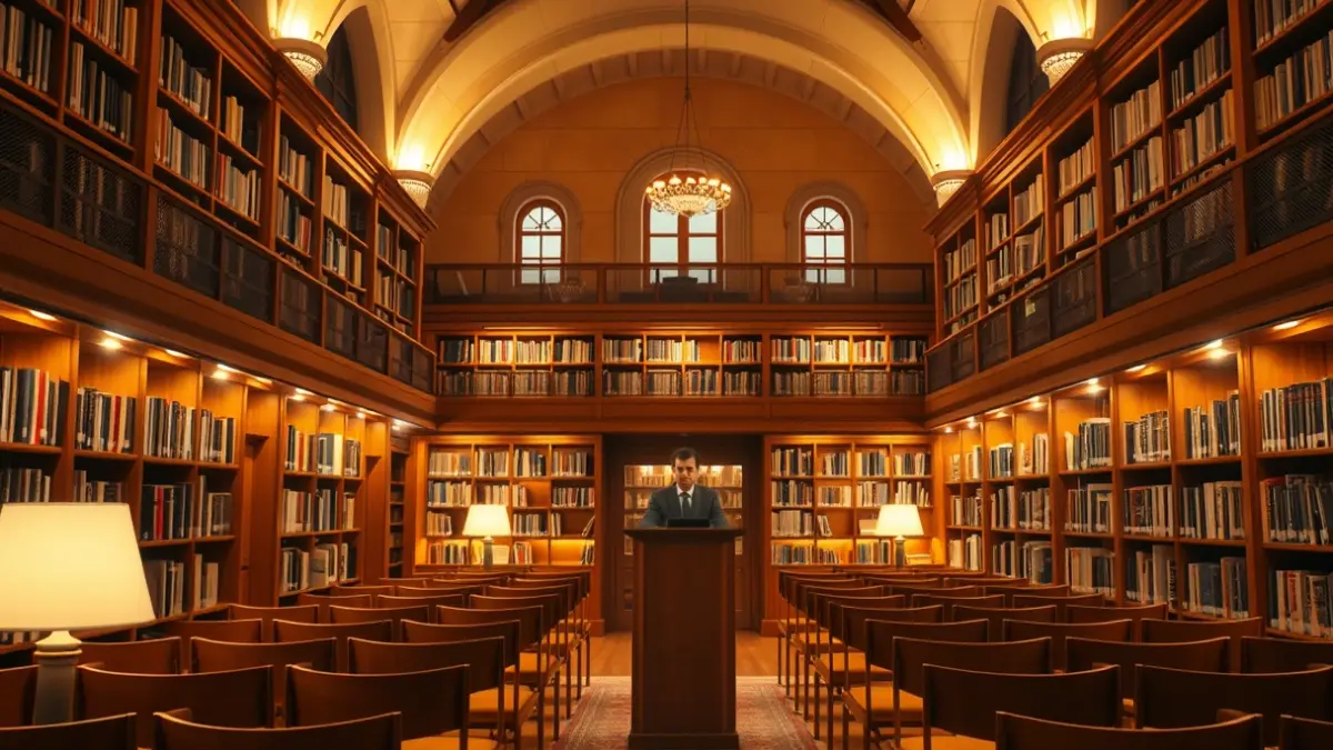 Imatge genèrica d'una sala de museu o biblioteca amb prestatgeries i un podi, il·luminada càlidament.