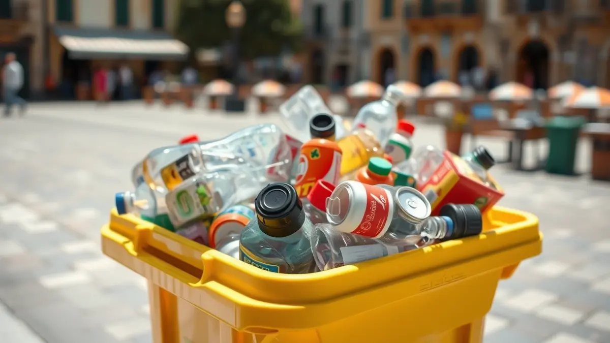 Generic image of a yellow recycling bin full of packaging in an urban setting.