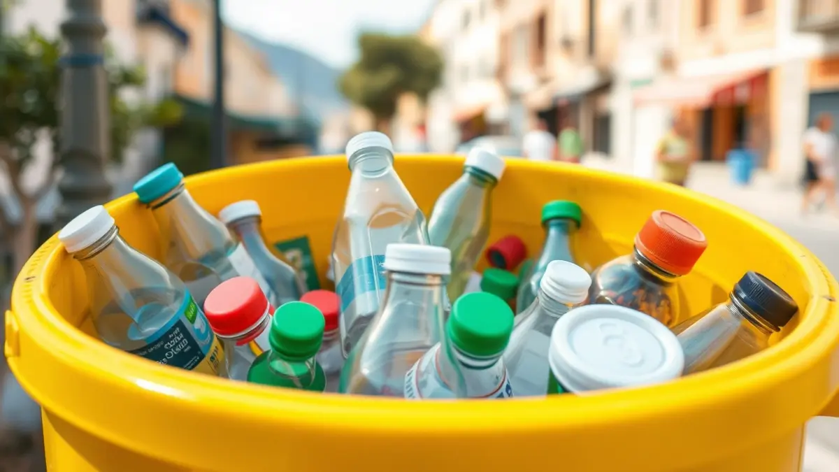 Generic image of a yellow recycling bin with packaging.