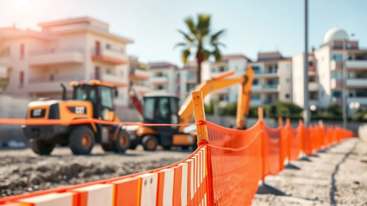 Imagen genérica de unas obras de construcción con barreras de seguridad naranjas y maquinaria pesada.
