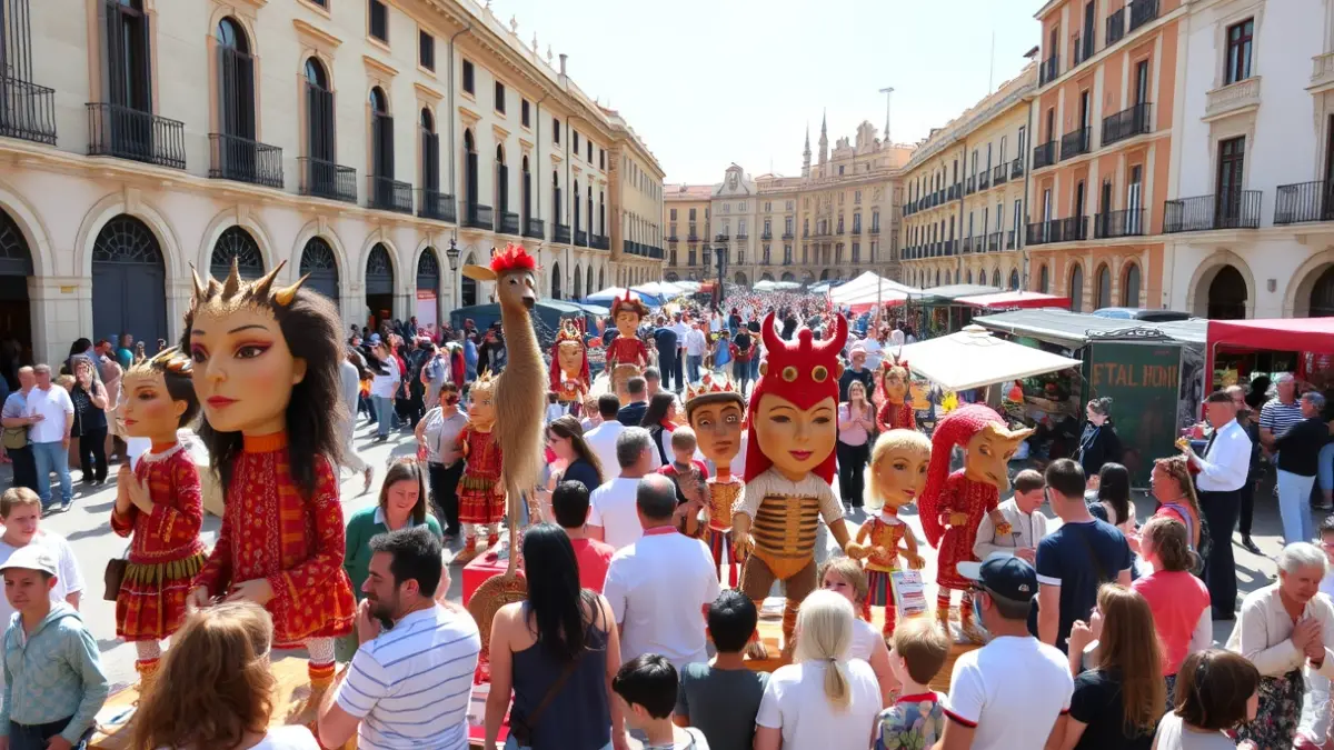 Imagen de una plantada de cabuts y bestiario en una plaza, con talleres y libros, en un ambiente festivo.