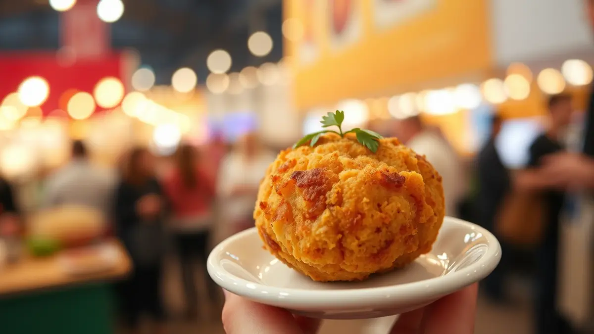 Imatge genèrica d'una croqueta daurada en un plat blanc, amb un fons desenfocat d'un festival gastronòmic.