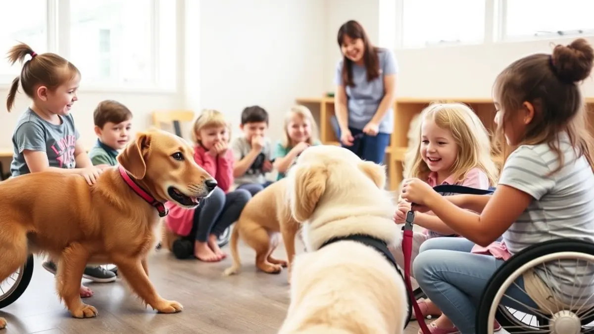Imatge d'un grup de xiquets amb discapacitat interactuant amb gossos de teràpia en un entorn interior lluminós.