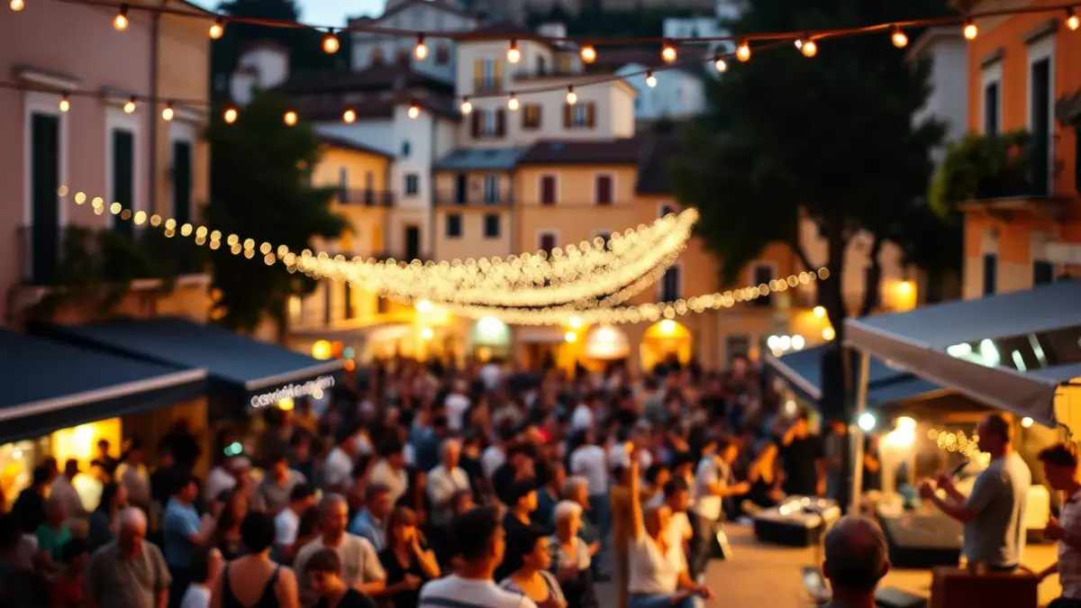 Imagen genérica de una plaza festiva con gente y música en una ciudad mediterránea.