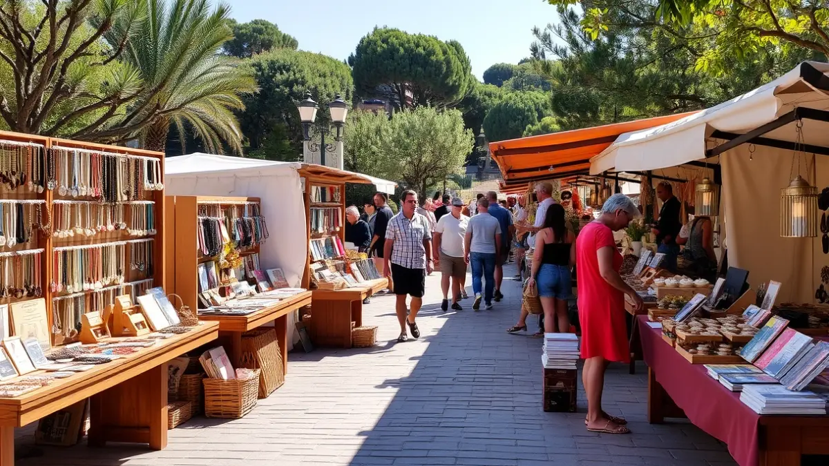 Image of a trade and gastronomy fair in a park, with various stalls and people strolling.