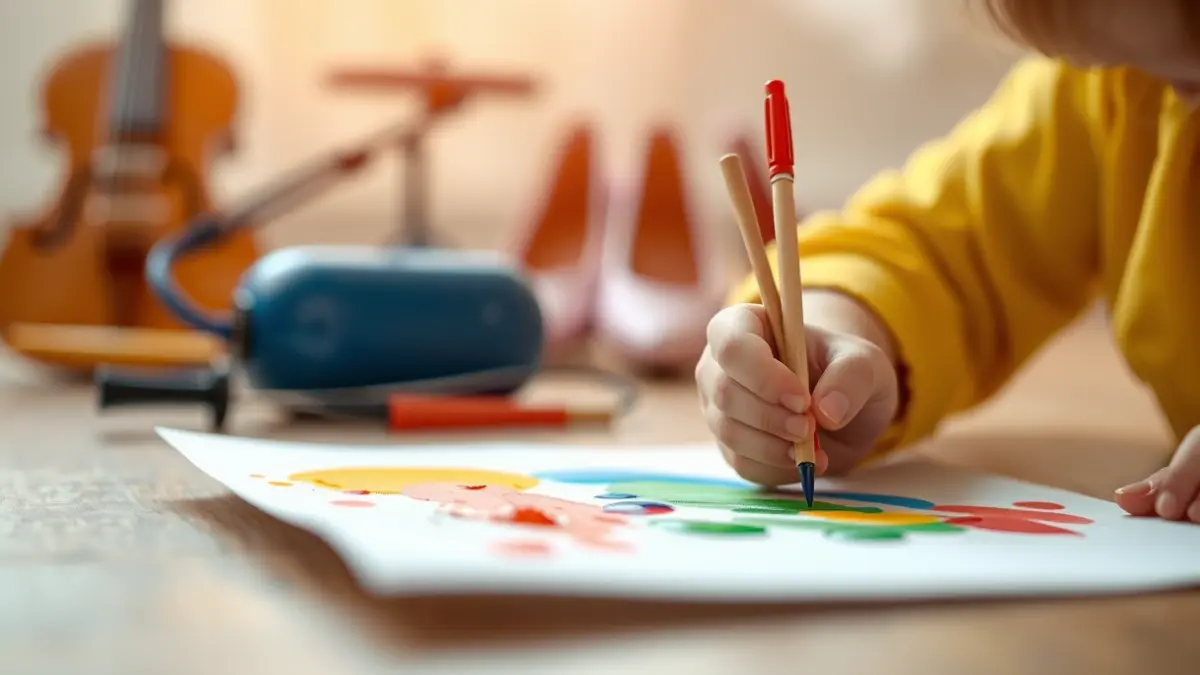 Imagen genérica de manos de niños pintando con colores vivos, con instrumentos musicales y zapatos de baile desenfocados al fondo.