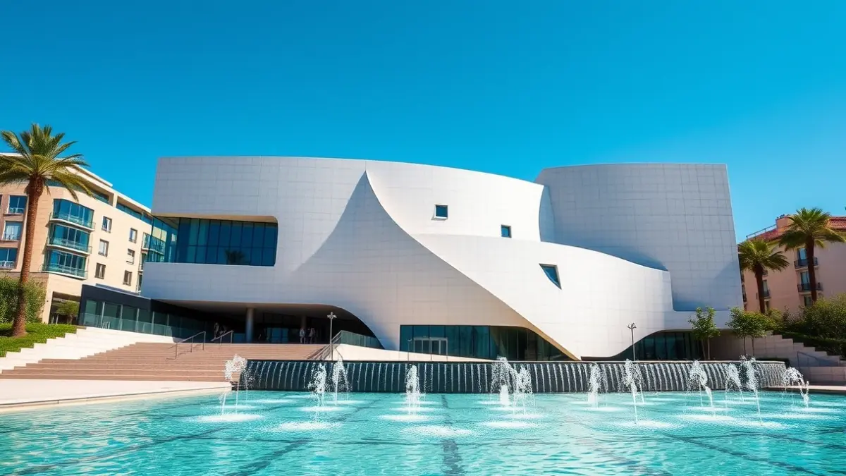 Image of the City of Arts and Sciences in Valencia, with its modern architecture and water.