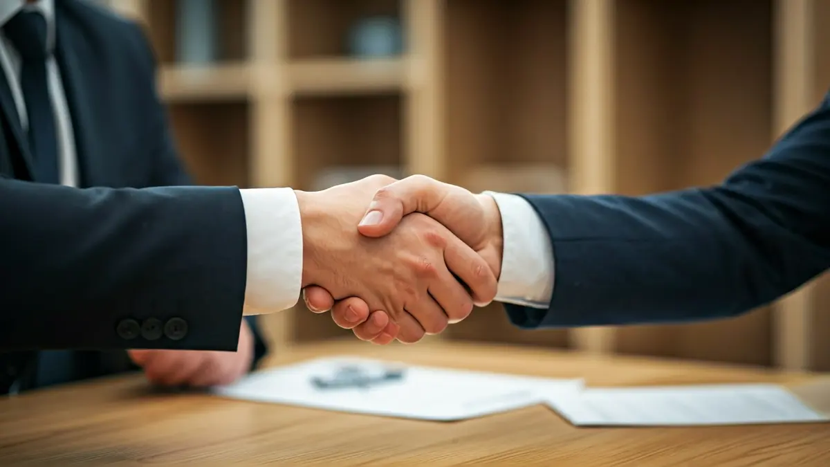 Generic image of two hands shaking in an office setting, symbolizing business agreements.