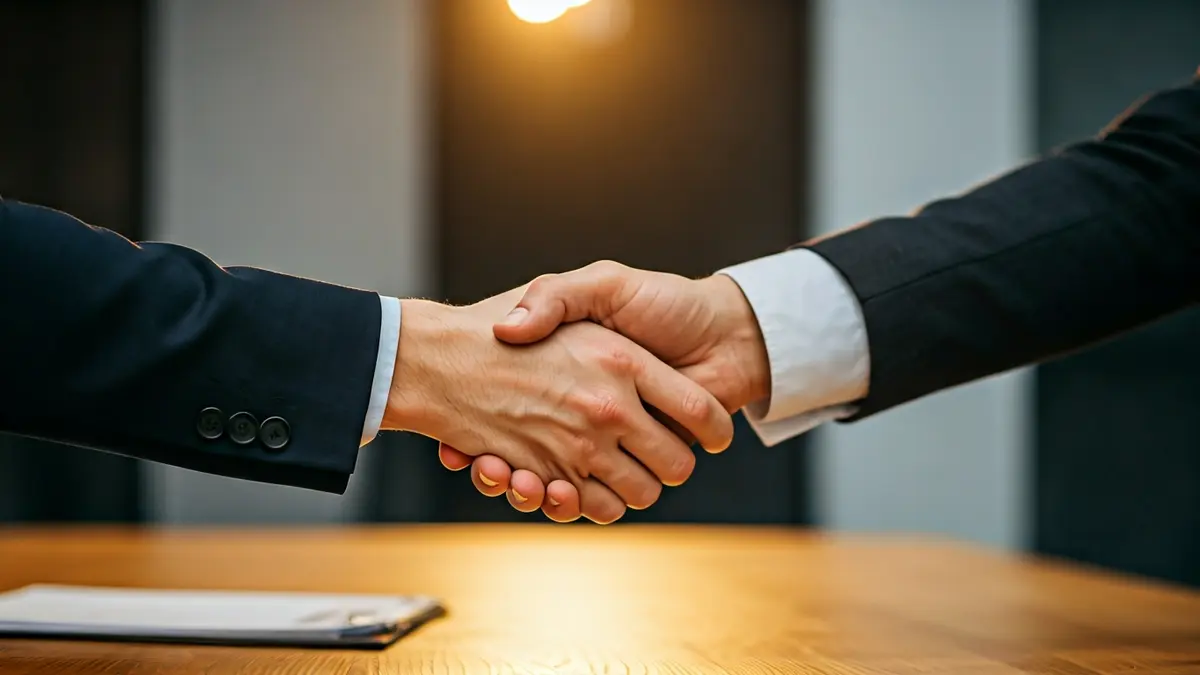 Generic image of two hands shaking over paperwork, symbolizing social investment and cooperation.