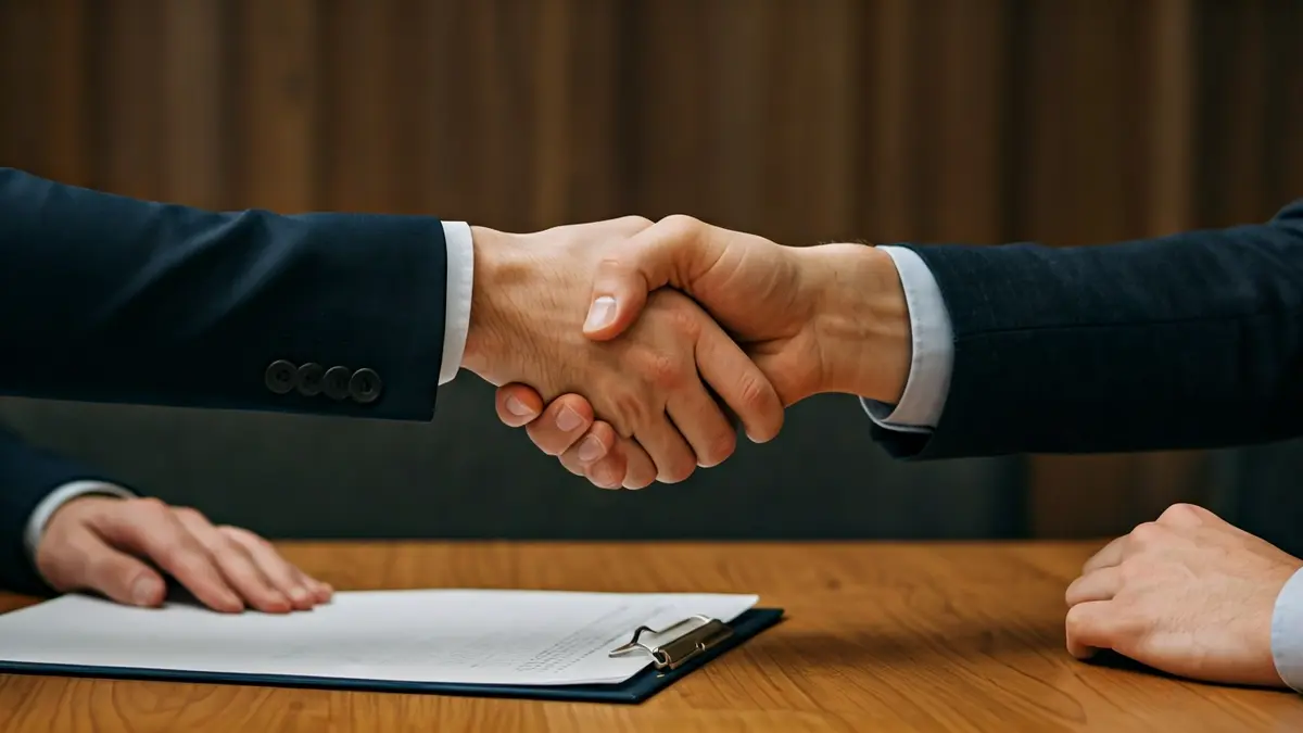 Generic image of two hands shaking over paperwork, symbolizing an agreement or collaboration.