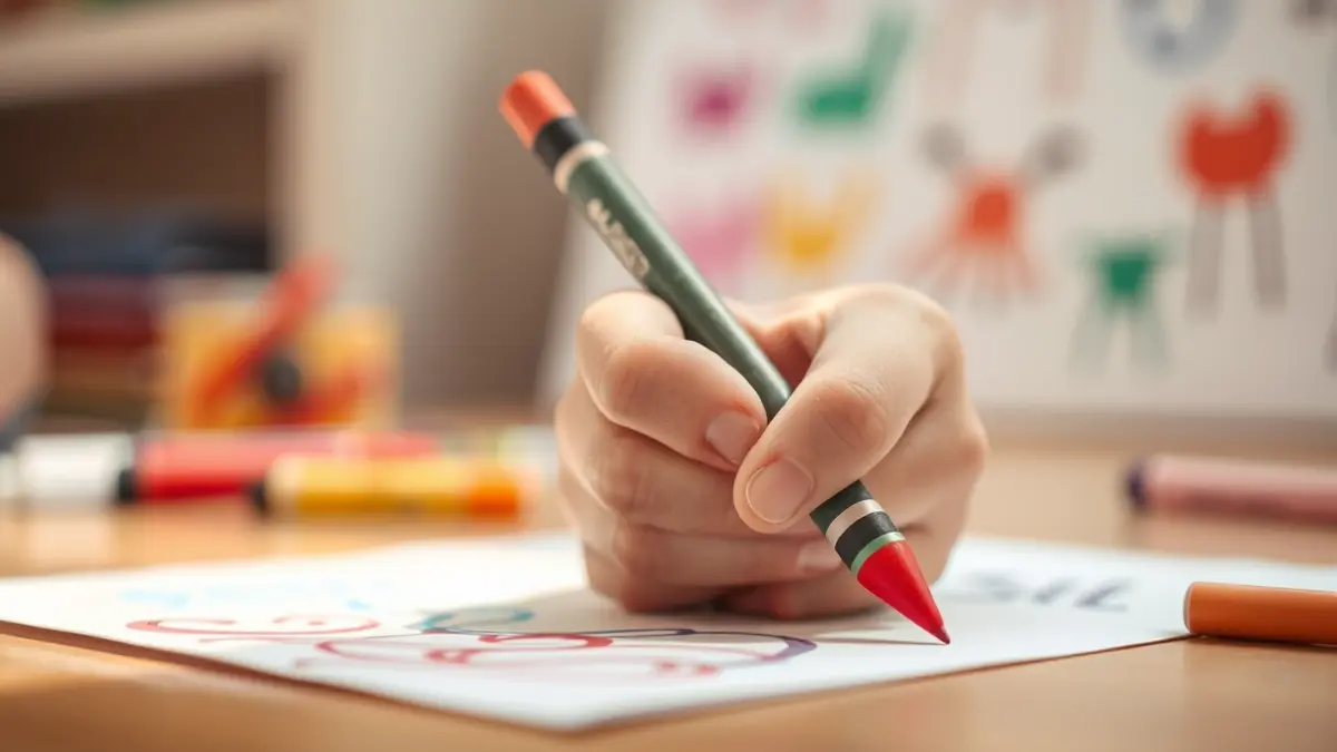 Generic image of a child's hand drawing with a crayon, with blurred drawings in the background.