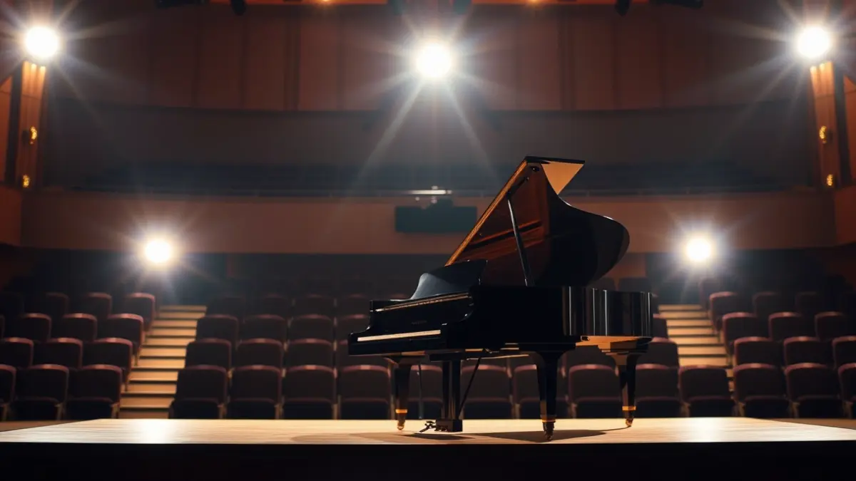 Imatge genèrica d'un piano de cua en un auditori, amb focus il·luminant les tecles.