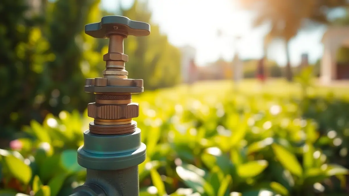 Imagen genérica de una válvula de riego inteligente en un jardín, con una estación meteorológica al fondo.