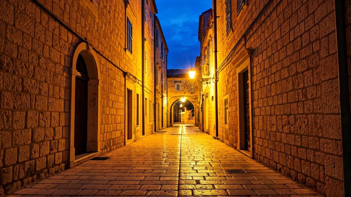 Imatge d'un carrer antic en un poble mediterrani, amb edificis de pedra i carrers estrets.