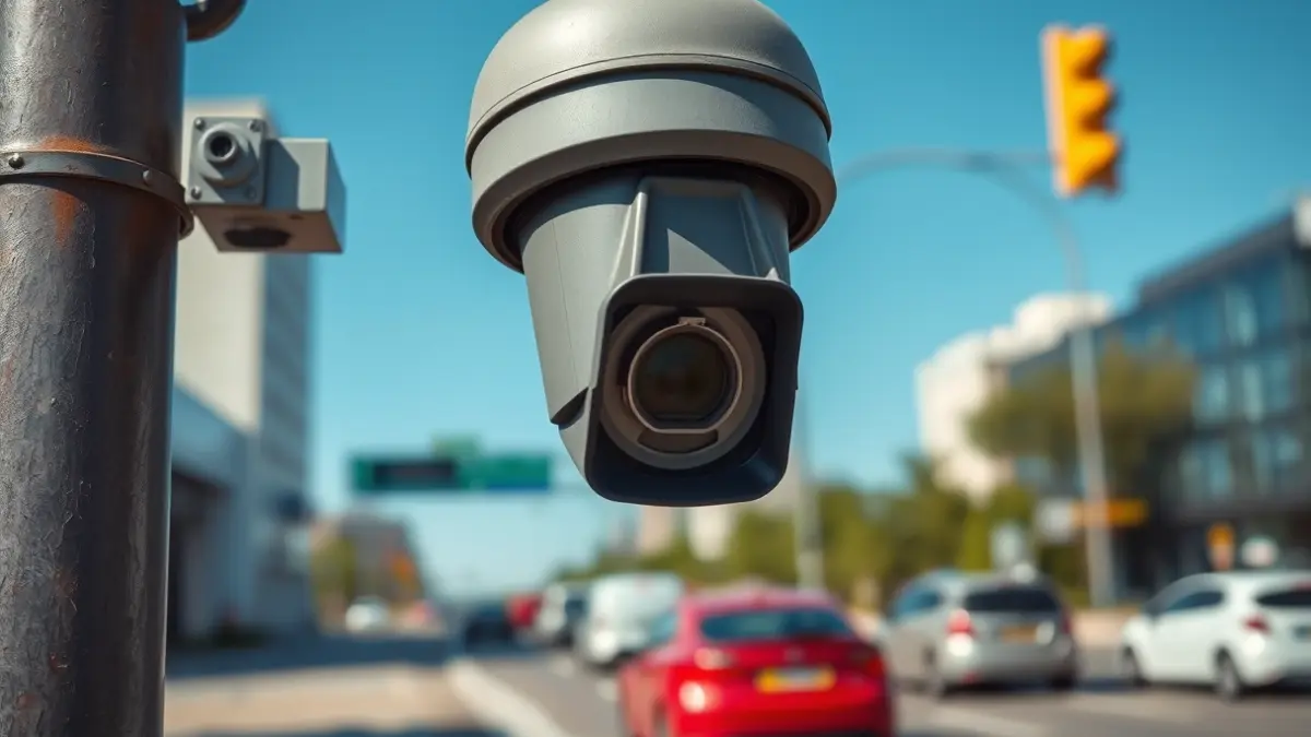 Imatge genèrica d'una càmera de vigilància de trànsit amb lector de matrícules.