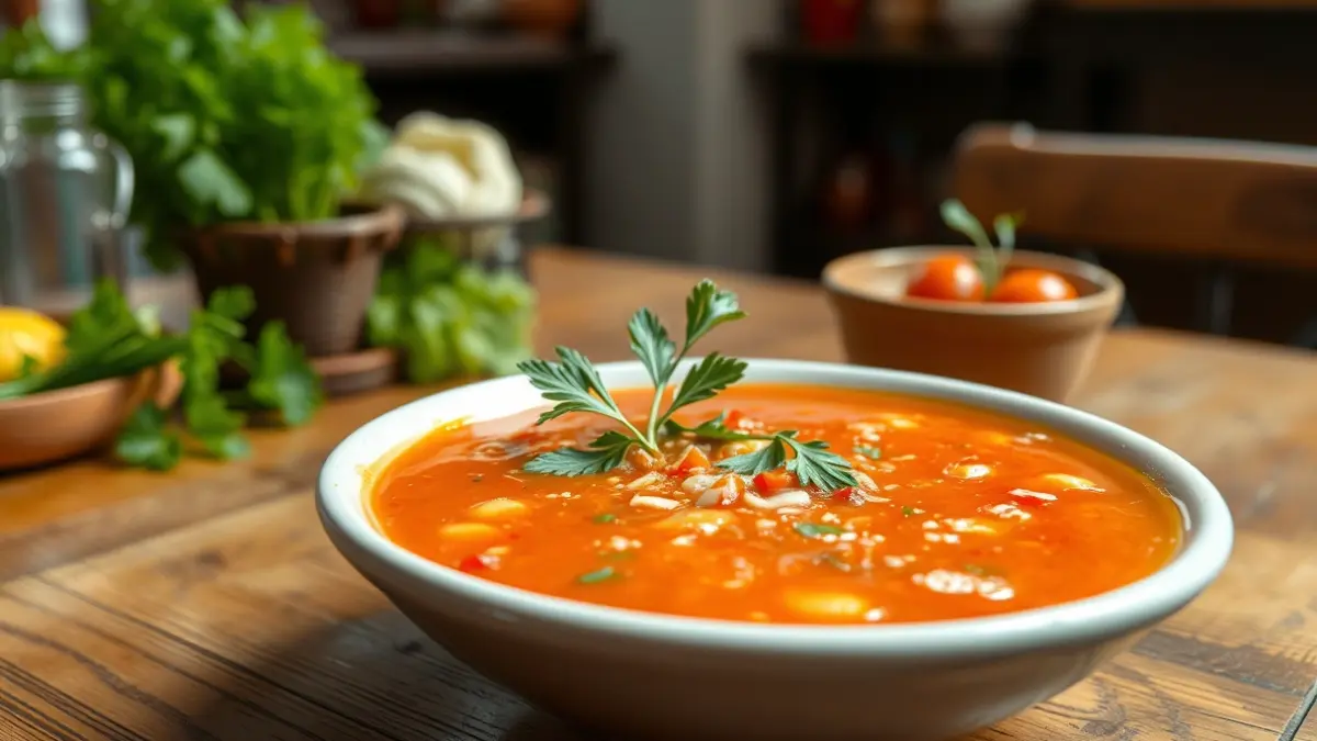 Generic image of a gazpacho dish, with fresh vegetables and herbs.