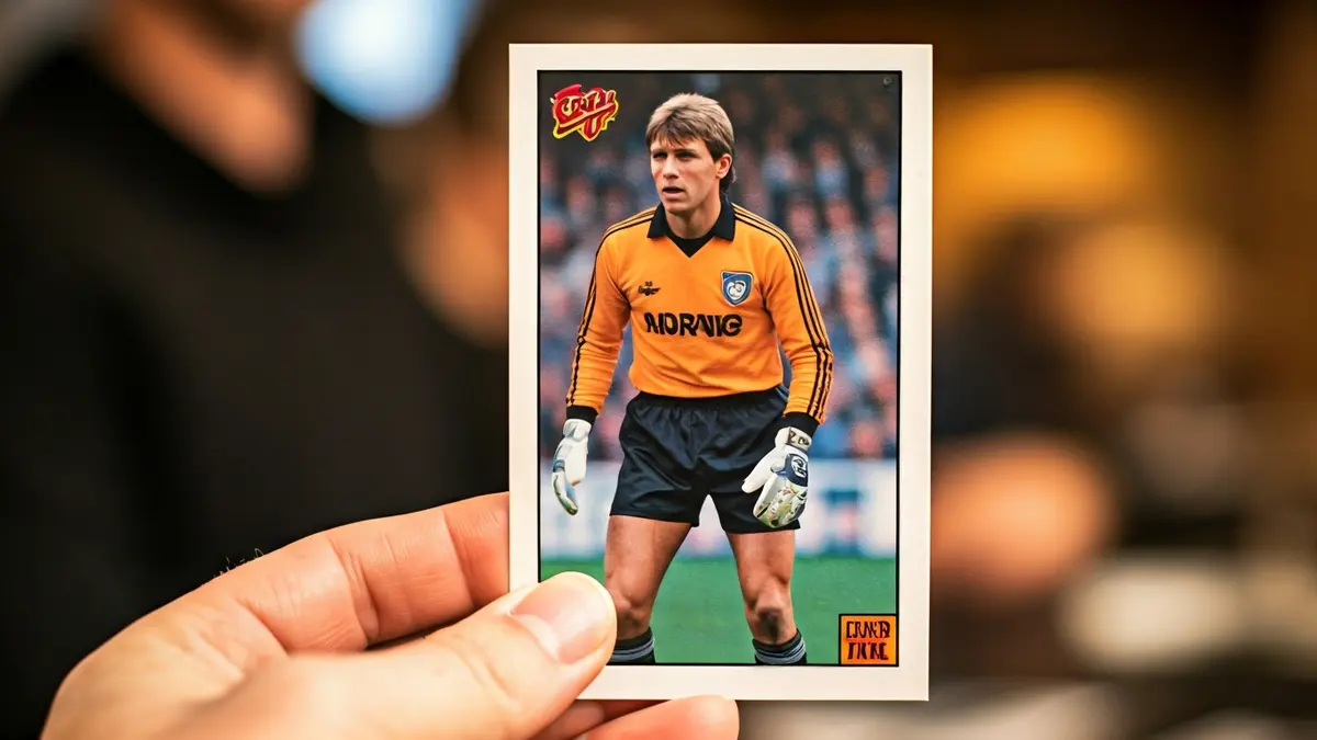 Image of a vintage football trading card featuring a goalkeeper, at a collector's event.