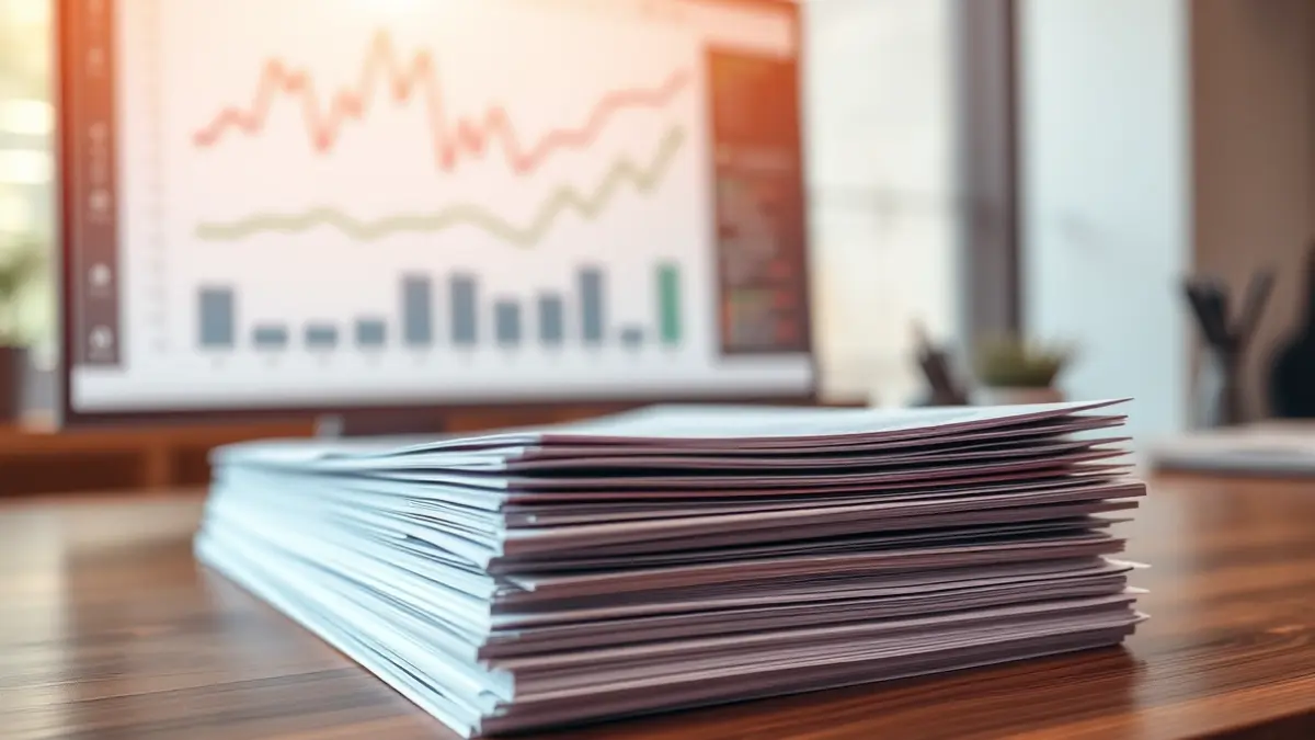 Generic image of business documents on a desk, with a blurred computer screen in the background, symbolizing corporate adjustments.