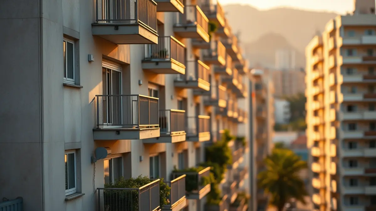 Imatge genèrica d'un edifici d'apartaments modern amb balcons, il·luminat pel sol.