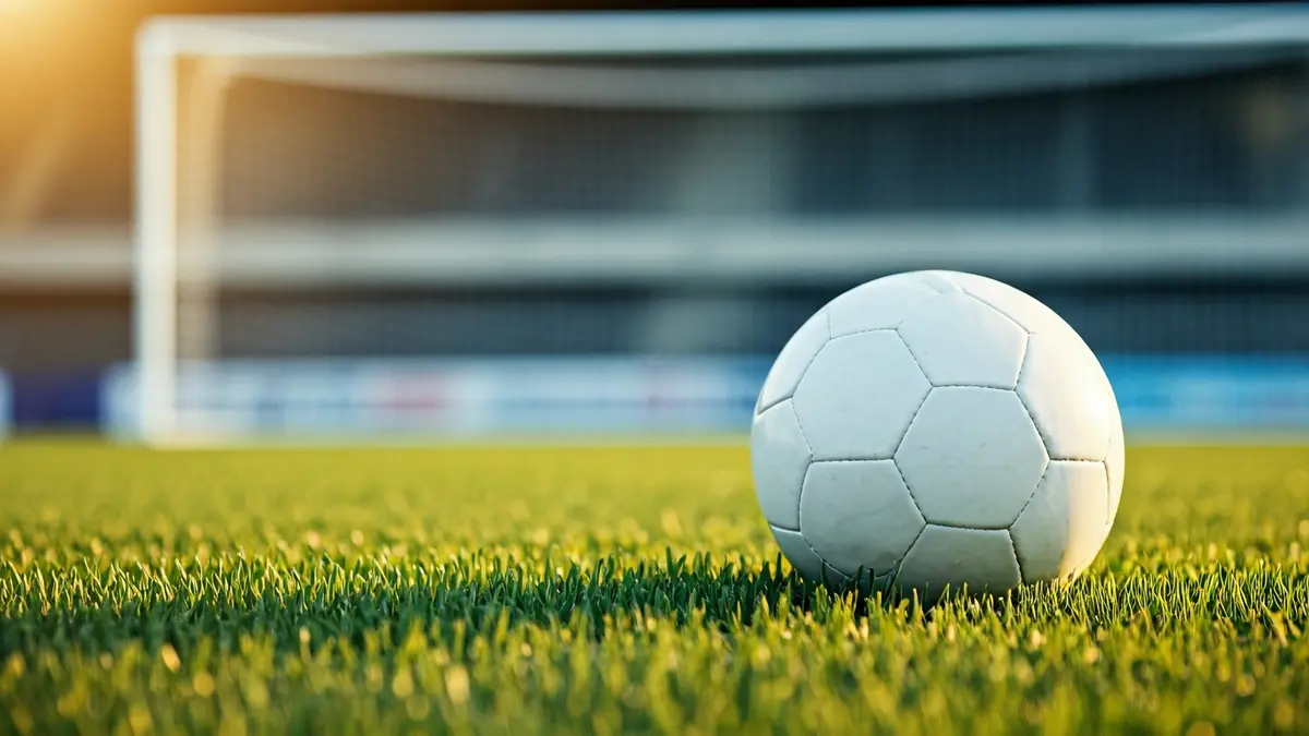 Generic image of a soccer ball on stadium grass, with a blurred goal net in the background.