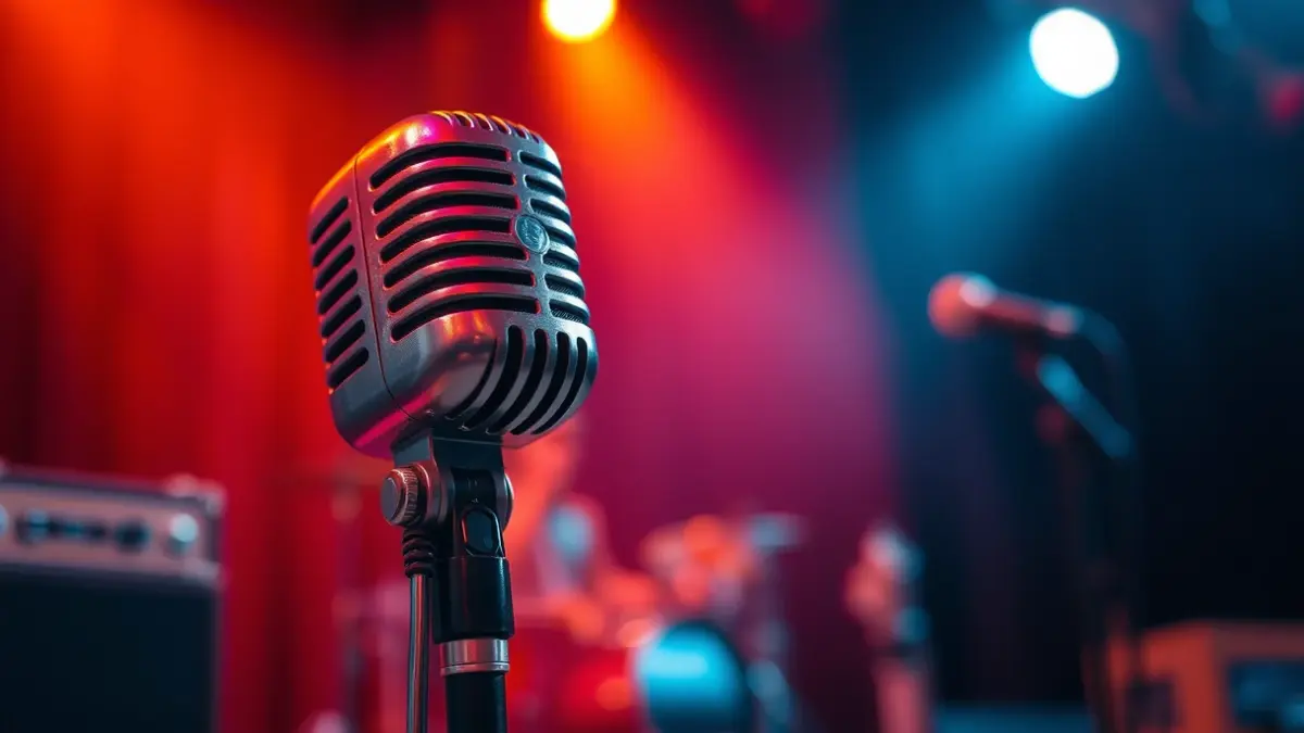 Imagen genérica de un micrófono vintage en un escenario, con instrumentos musicales desenfocados al fondo.