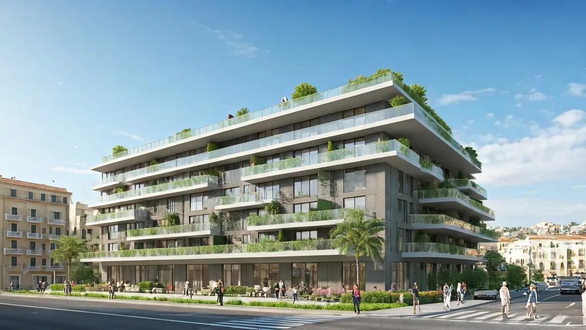 Imatge d'un edifici d'apartaments modern amb terrassa verda en un entorn urbà mediterrani.