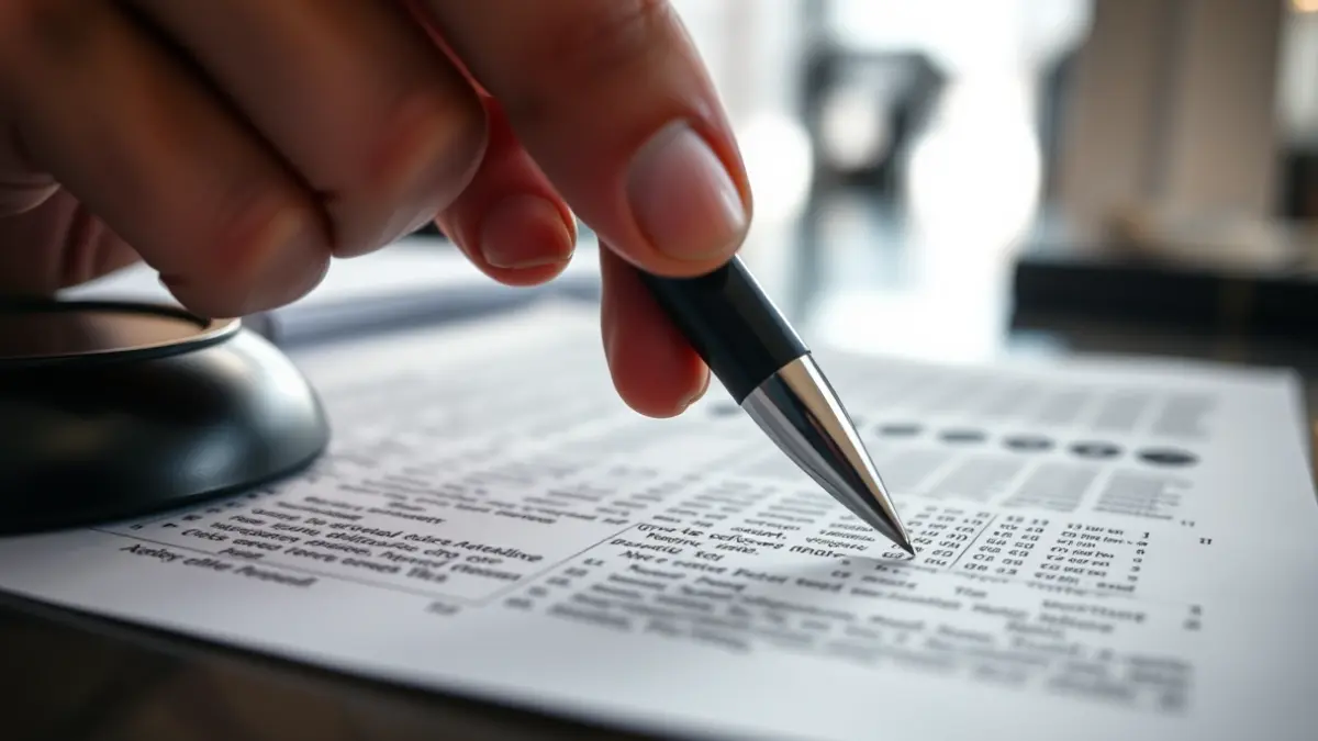 Imatge genèrica d'una mà amb un bolígraf sobre un document, simbolitzant tràmits administratius i legals.