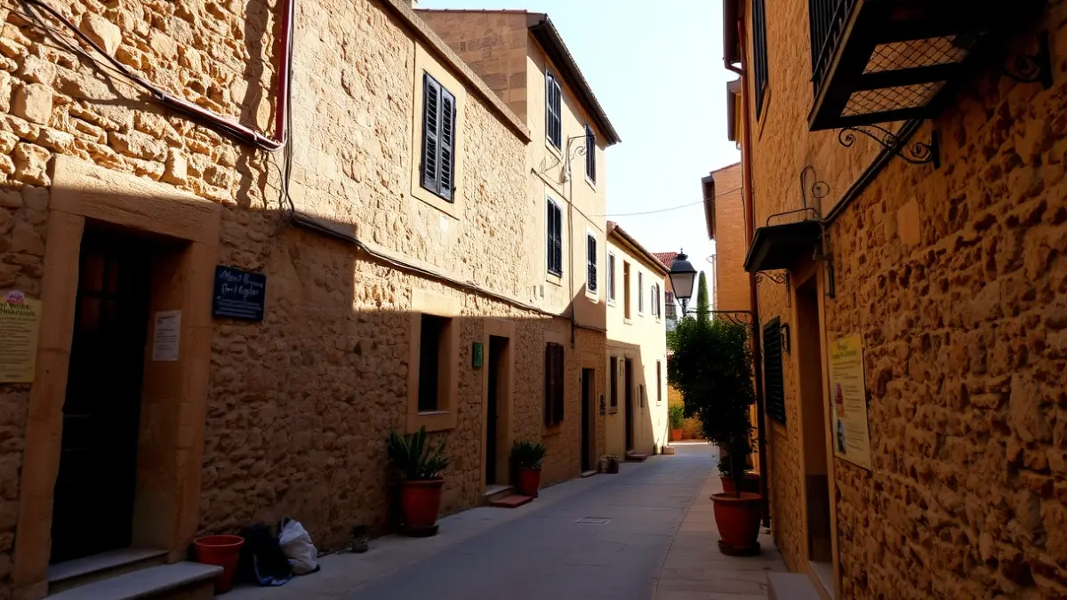 Image of a quiet street in a small village in the Valencian Community, with stone houses and warm light.