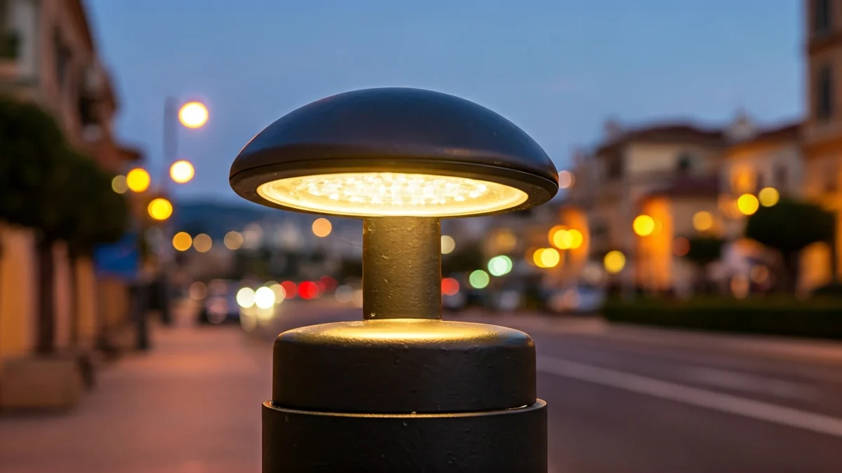 Imatge genèrica d'un fanal modern il·luminant una carretera al capvespre.