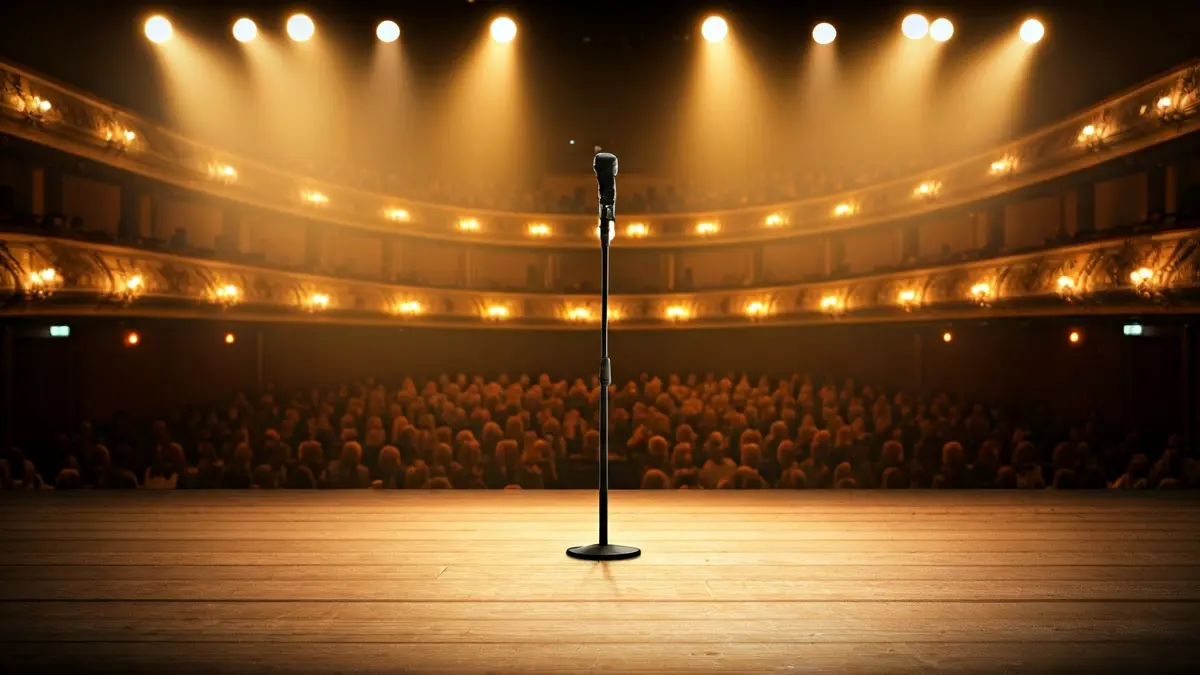 Generic image of a theater stage with a microphone and spotlights.