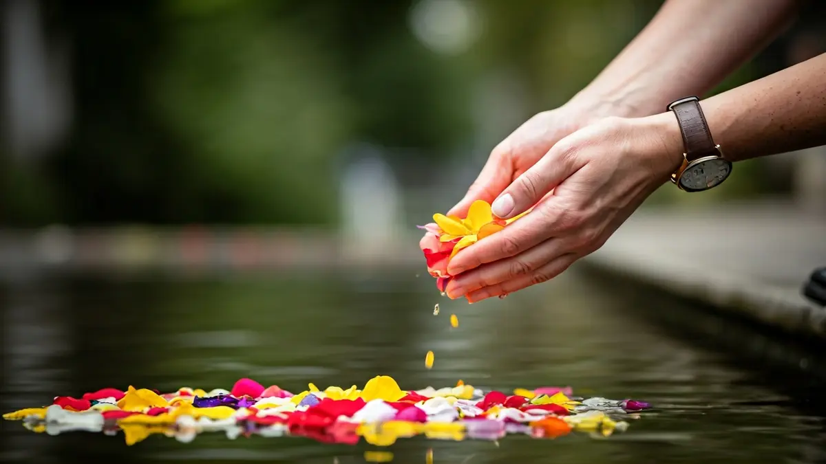 Imatge de la Cerimònia del Riu, amb pètals de flors a l'aigua.
