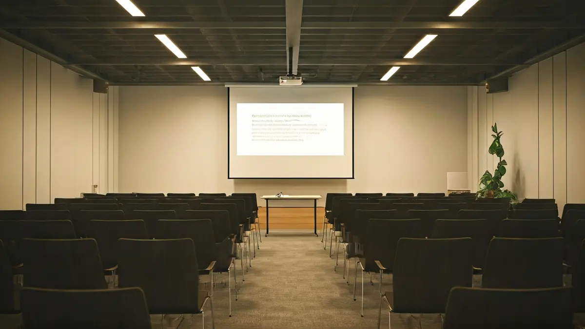 Generic image of a modern training classroom with empty chairs and a projection screen.