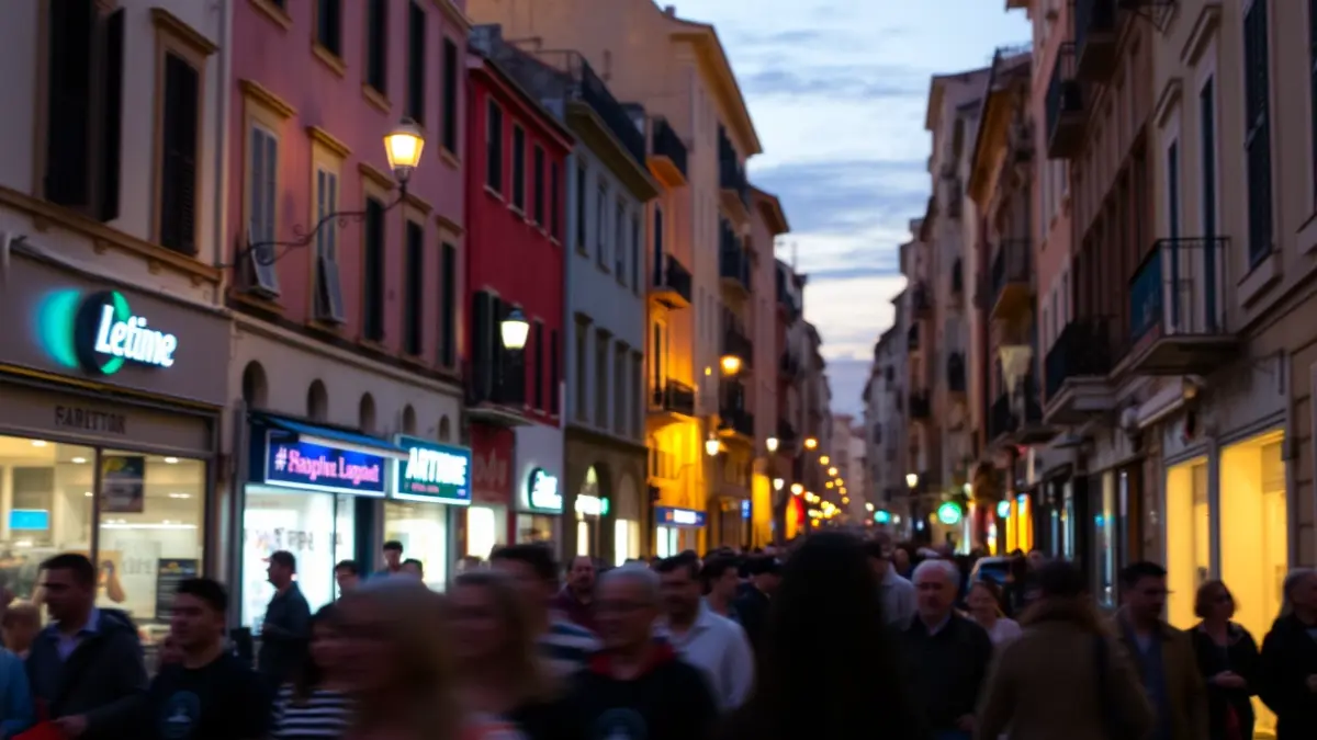 Imatge d'una processó artística urbana al capvespre en una ciutat mediterrània.