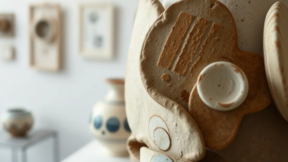 Image of a ceramic artwork with abstract shapes and varied textures, displayed in a gallery.