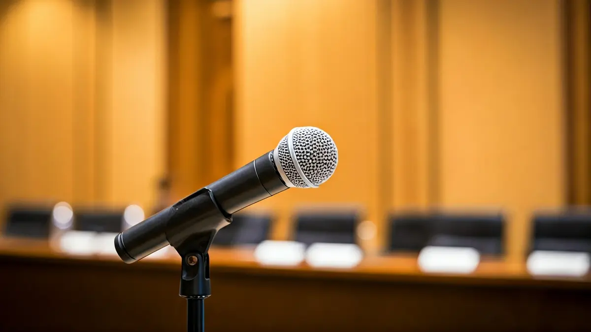 Generic image of a microphone on a podium during a conference.