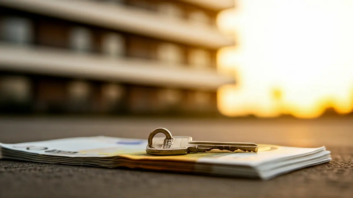 Generic image of a house key on euro banknotes, with a blurred background of a residential building.