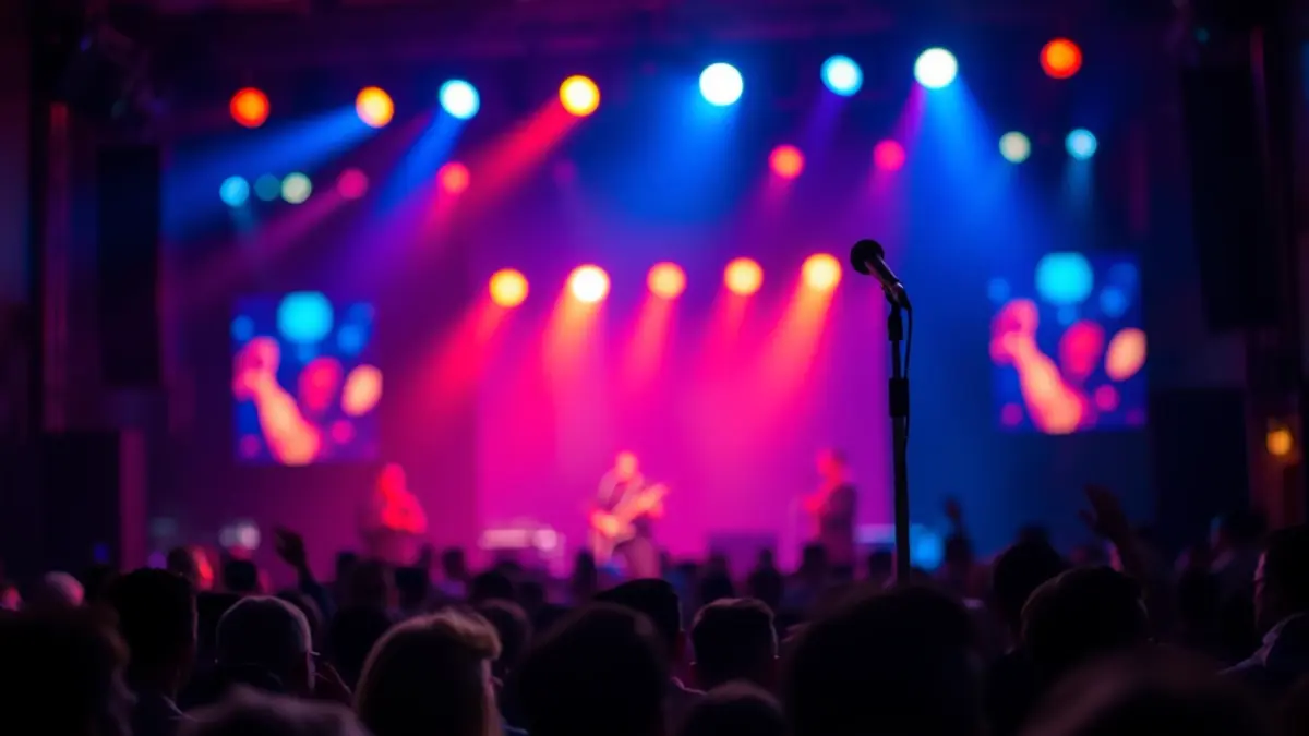 Imatge genèrica d'un escenari de concert amb llums borroses i un micròfon, amb una multitud diversa en primer pla.