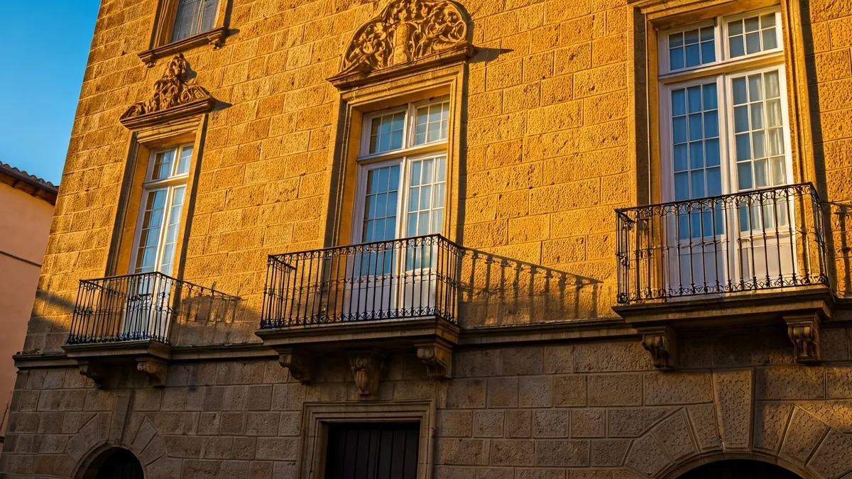 Façana de l'ajuntament de Castelló amb balcons de ferro forjat i llum solar de la vesprada.