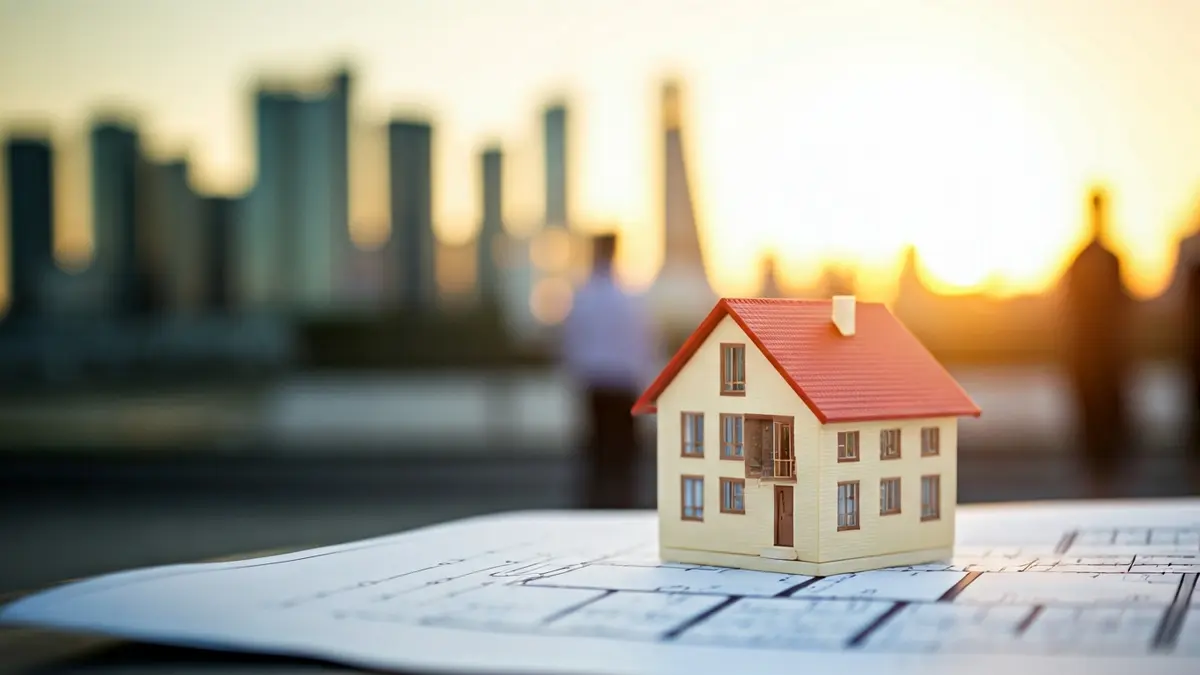 Imatge genèrica d'una maqueta de casa sobre un plànol, amb un fons urbà difuminat.