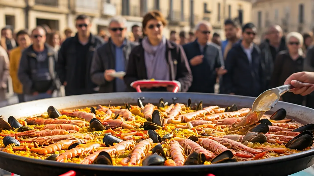 Image of a seafood paella being served to a large group of people at an outdoor event.